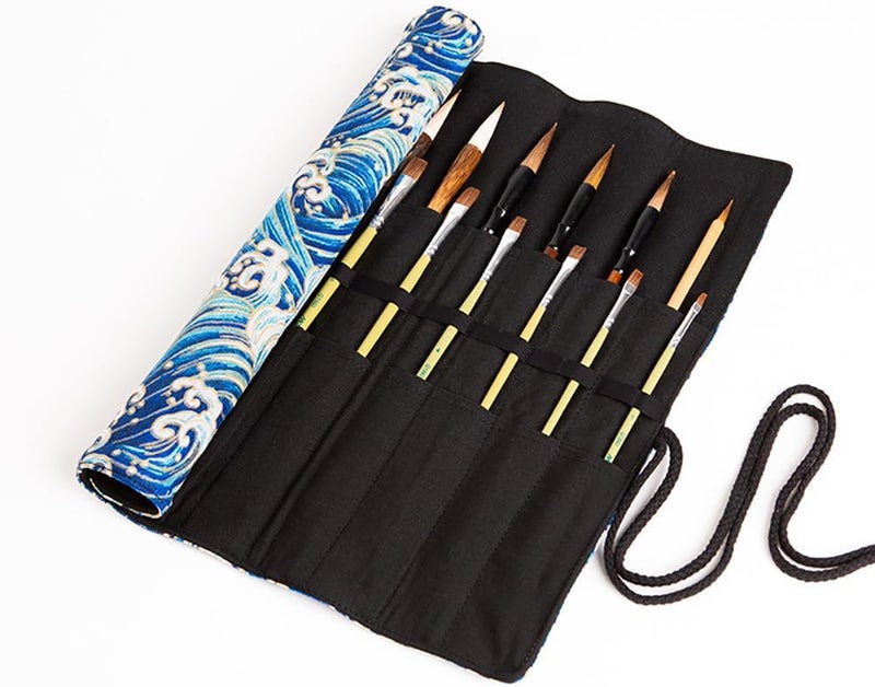 Funny live Paint Brush Holder Art Supplies, Artist Brush Holder & Art Supply Storage Organizer Roll-Up Case Bag, Protect Acrylic Oil Watercolor Paintbrushes (Blue Sea Wave-20 Slot Pockets) - Image 4